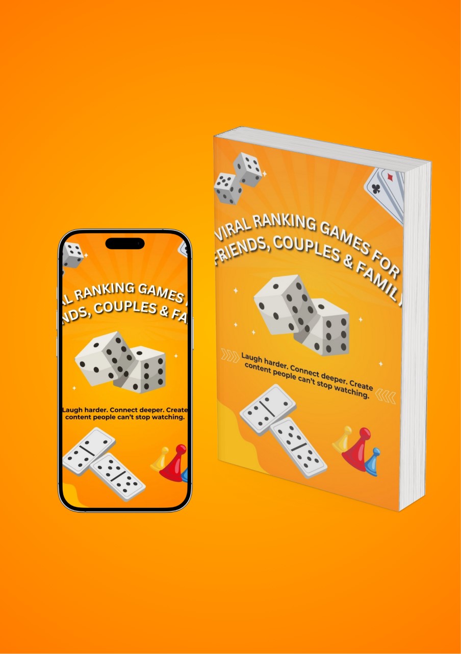 Premium Ranking Games for Couples and Friends displayed on a smartphone and book cover with dice and game icons on an orange background. Ideal for sparking deep conversations and social engagement.
