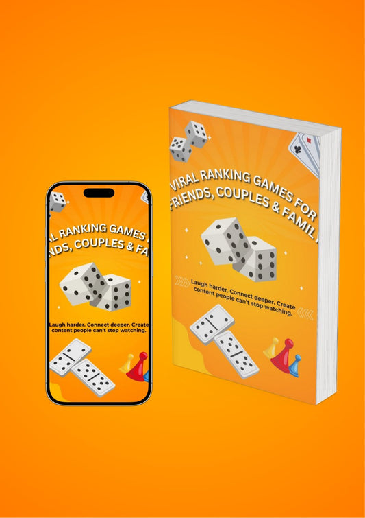 Premium Ranking Games for Couples and Friends displayed on a smartphone and book cover with dice and game icons on an orange background. Ideal for sparking deep conversations and social engagement.